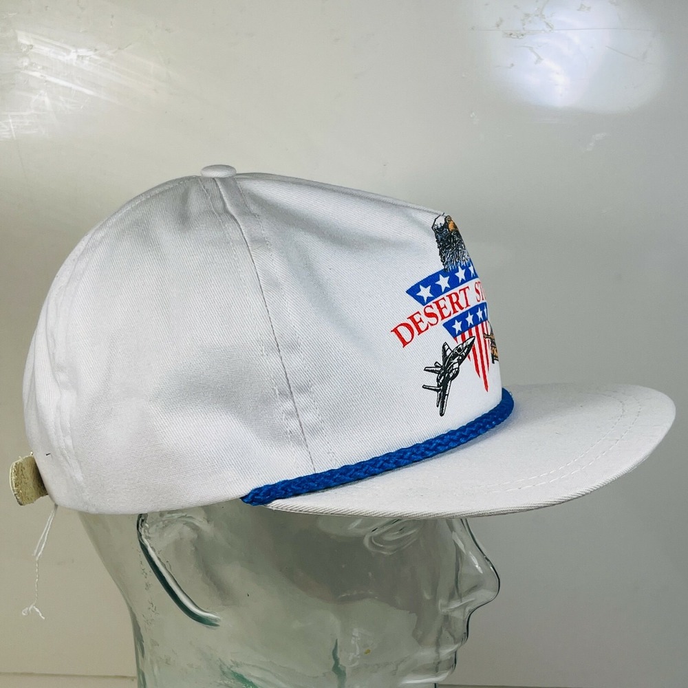 Vintage Desert Storm Military Rope Hat White Snapback Eagle Jet Tank Graphic Cap - Picture 2 of 7